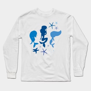 Classic Blue Mermaid Stars Seamless Pattern Print Design Long Sleeve T-Shirt